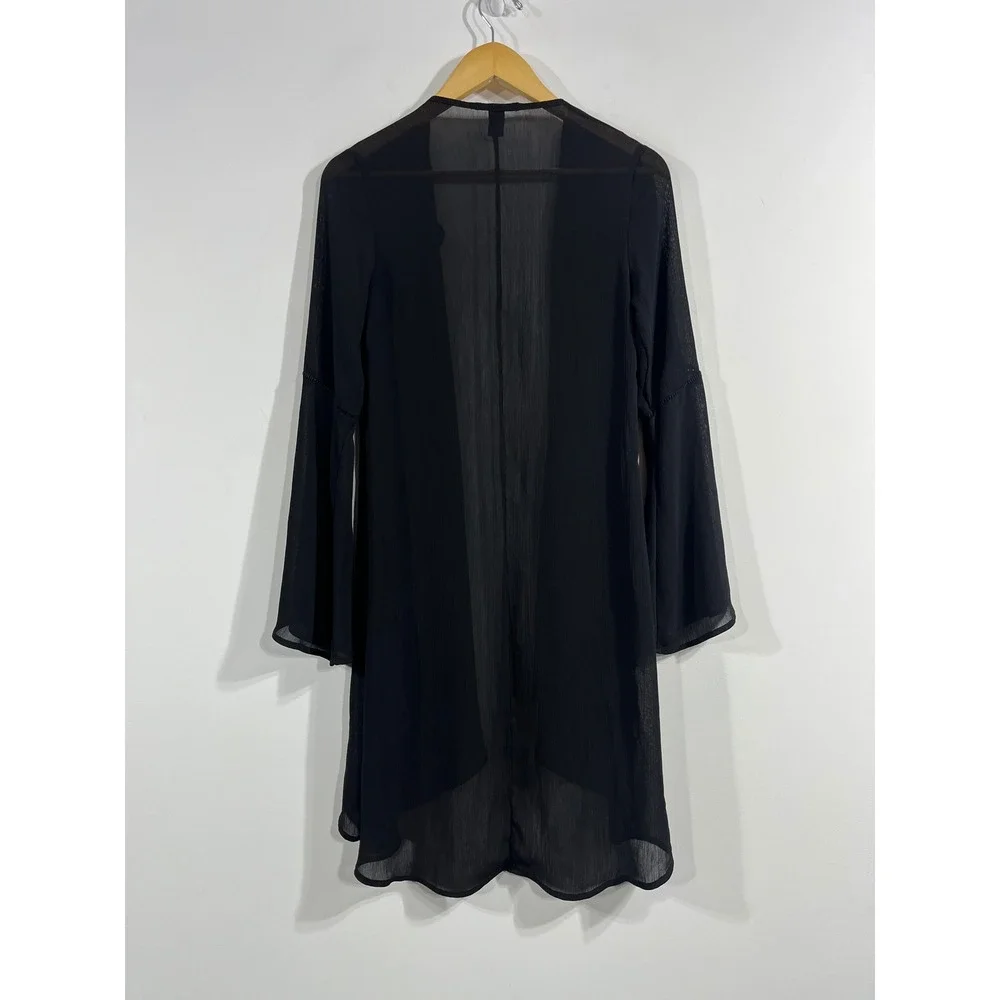 Forever 21 Y2K Black Sheer Bell Sleeve Open Front Longline Kimono Small Witchy